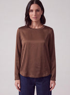 BLUSA SATIN MARRONE MANICA LUNGA