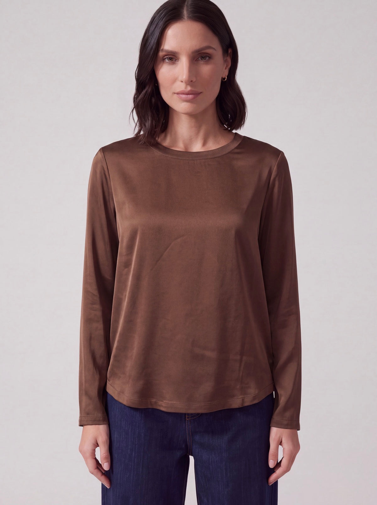 BLUSA SATIN MARRONE MANICA LUNGA