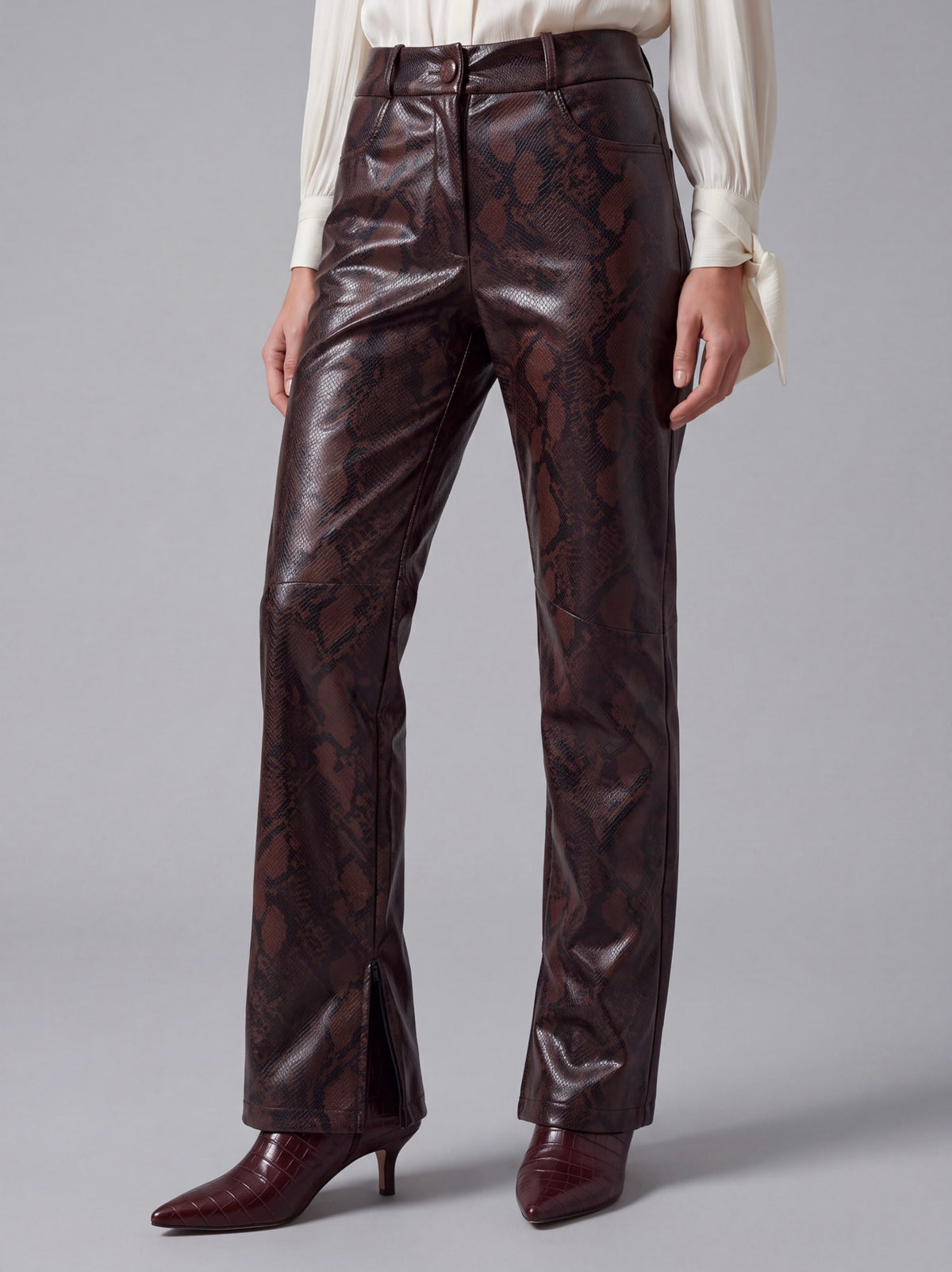 PANTALONI ECOPELLE PITONATI DARK BROWN