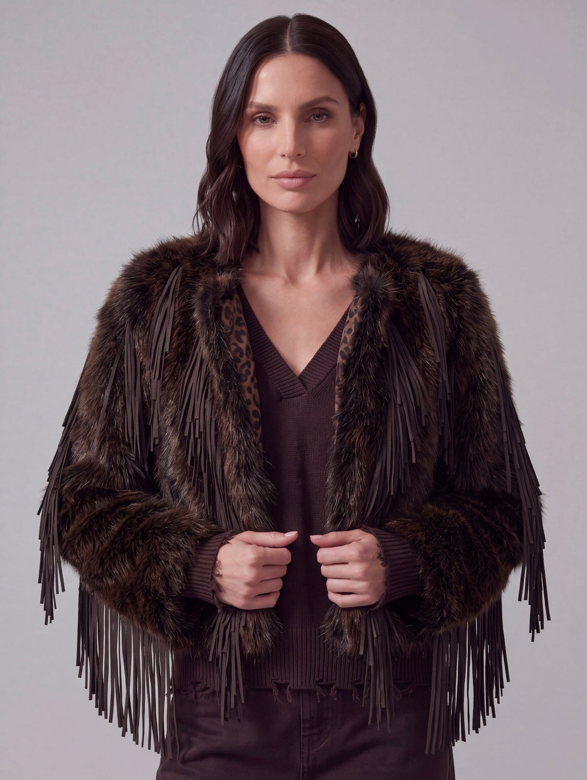 CAPPOTTO ECOPELLICCIA MORO CON FRANGE