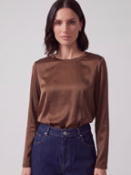 BLUSA SATIN MARRONE MANICA LUNGA