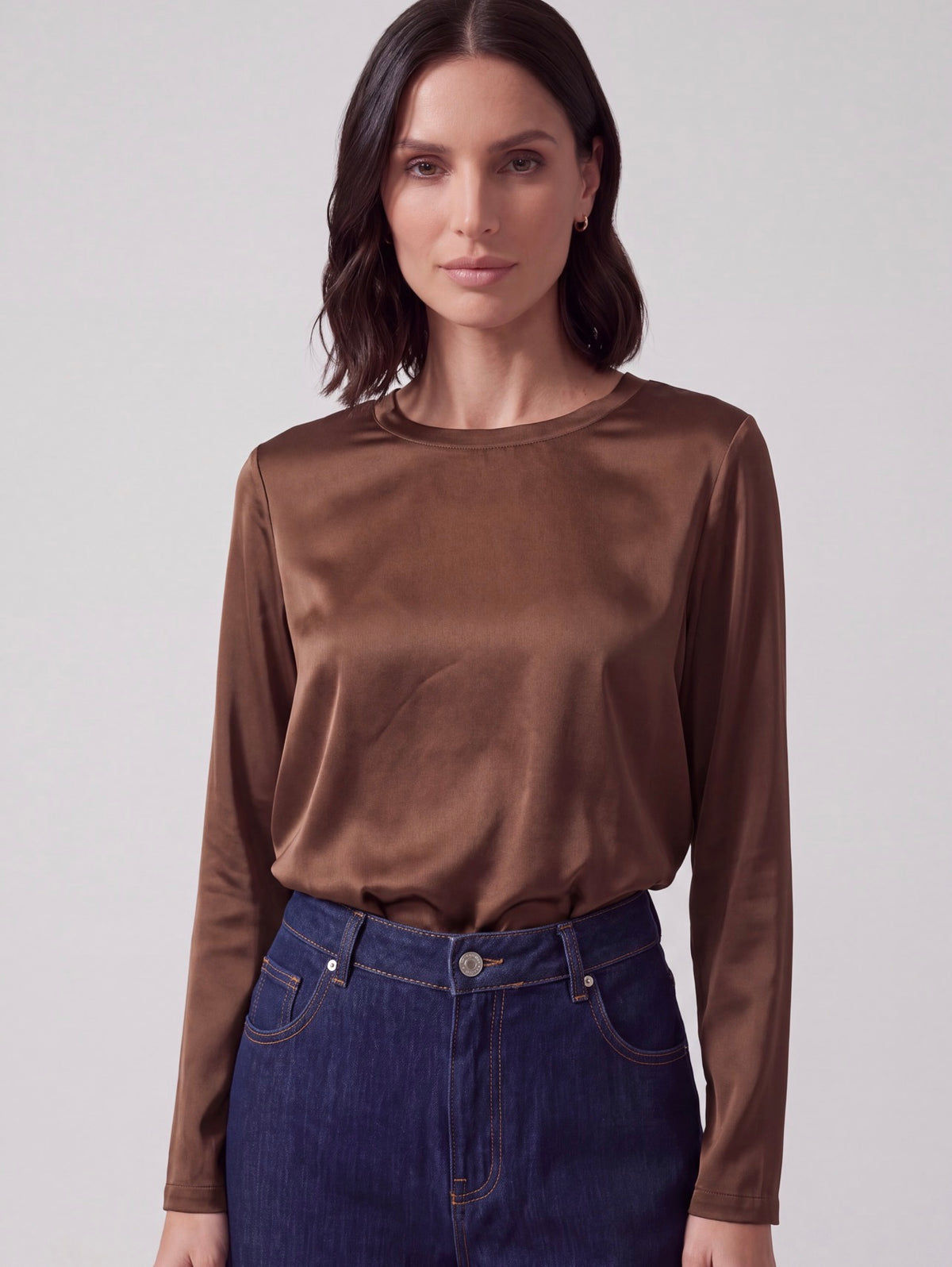 BLUSA SATIN MARRONE MANICA LUNGA