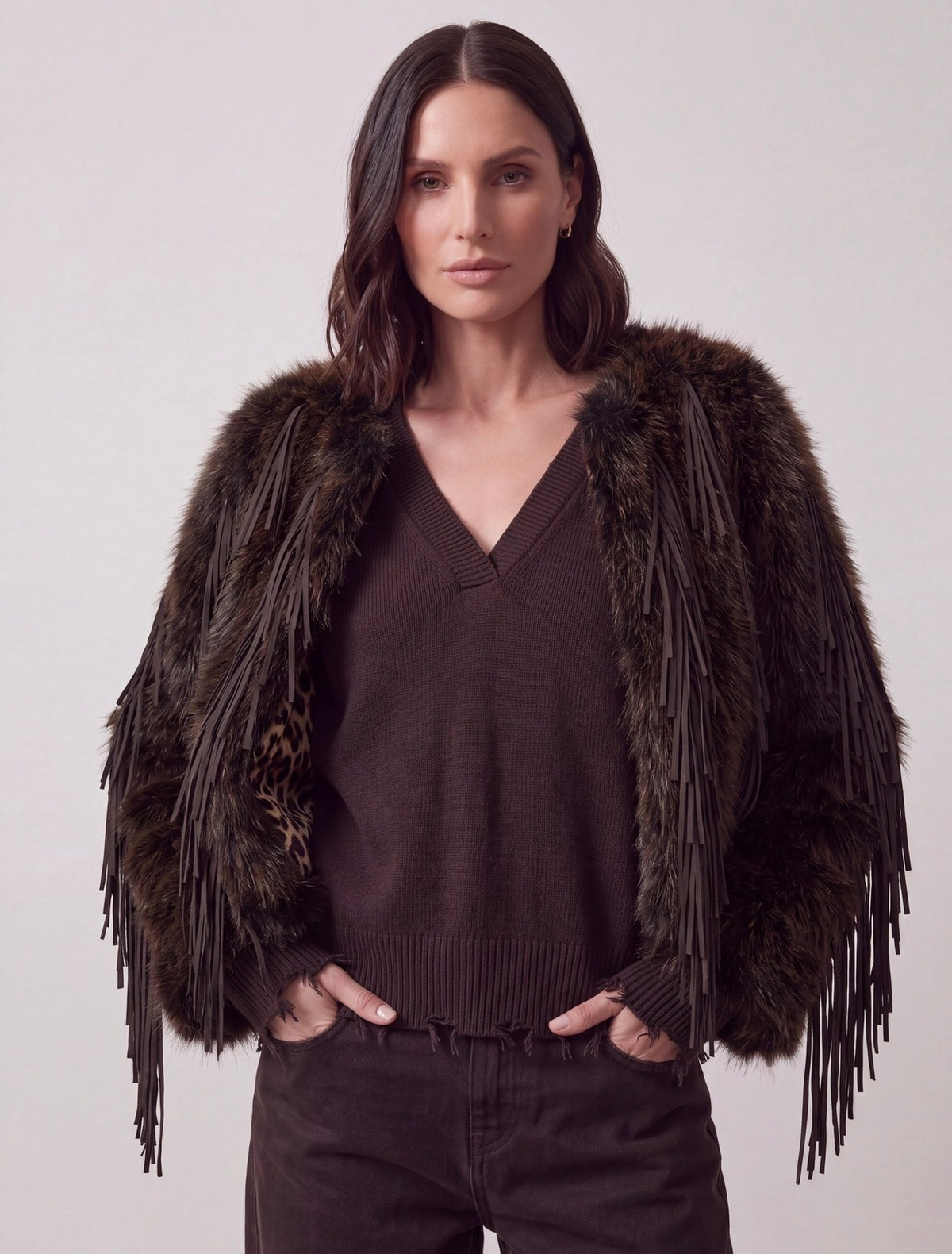 CAPPOTTO ECOPELLICCIA MORO CON FRANGE
