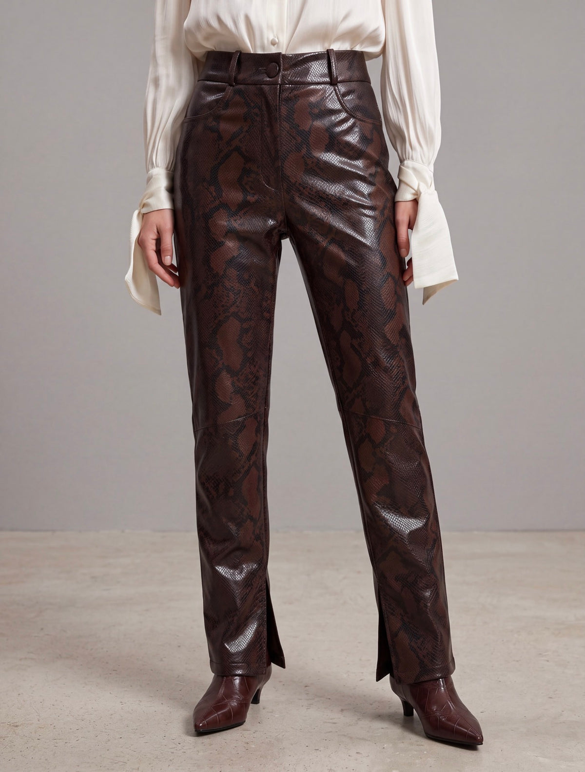 PANTALONI ECOPELLE PITONATI DARK BROWN