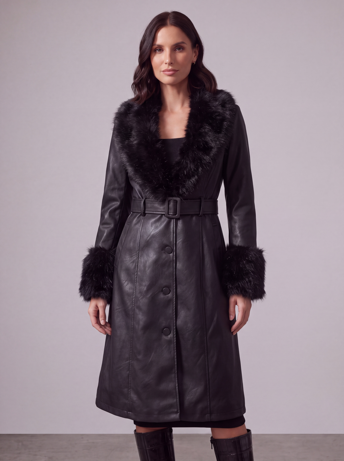 CAPPOTTO NERO IN ECOPELLE CON ECOPELO