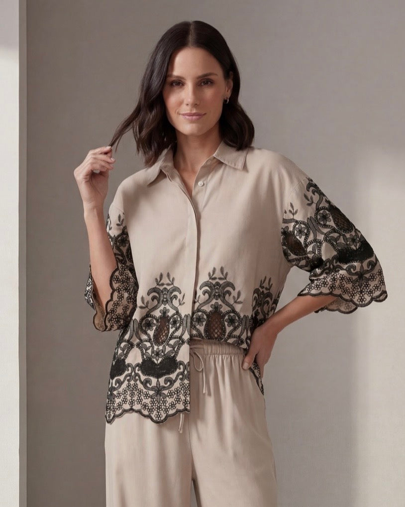 CAMICIA LACE BORDER NUDE & BLACK