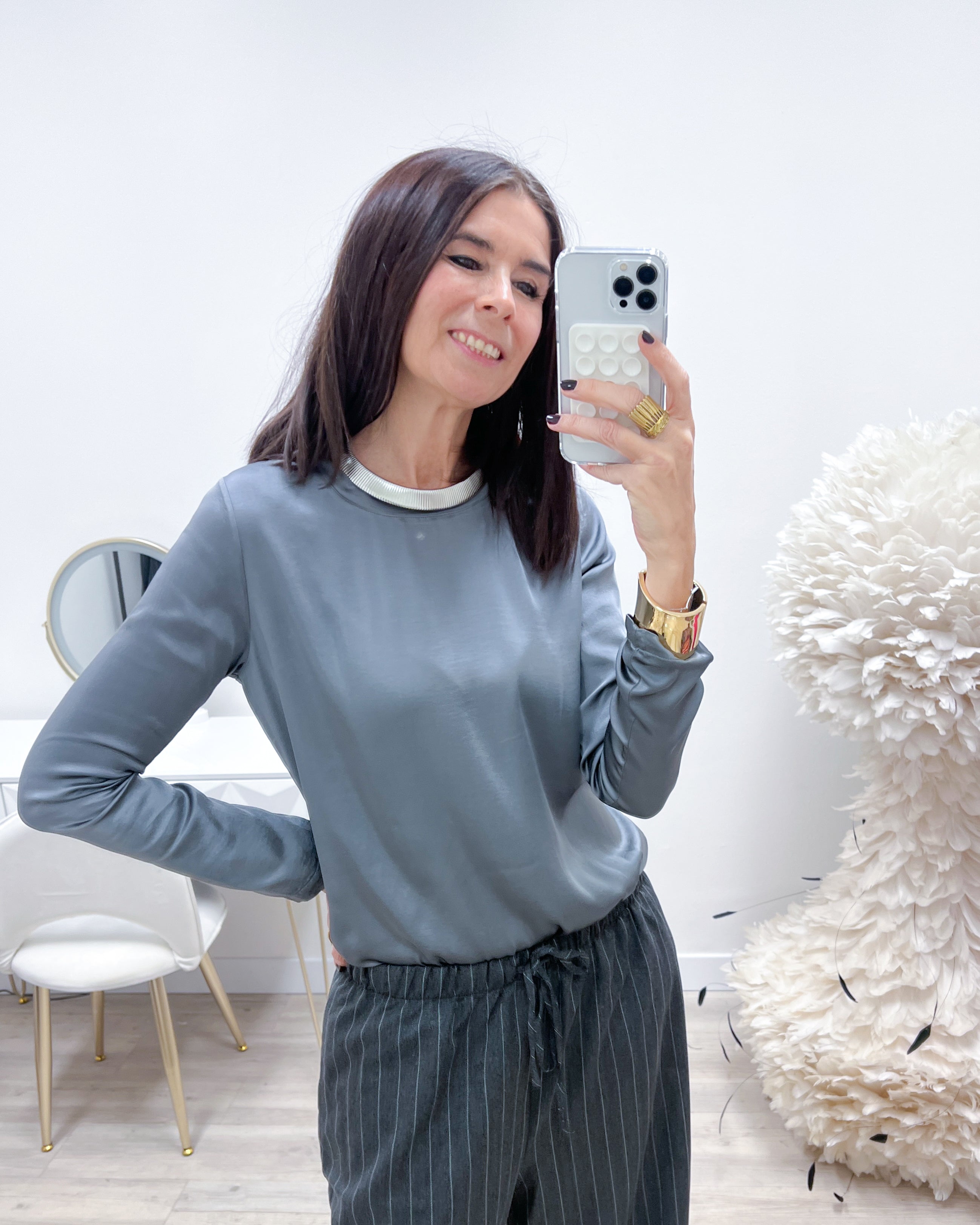 BLUSA SATIN GRIGIO PERLA