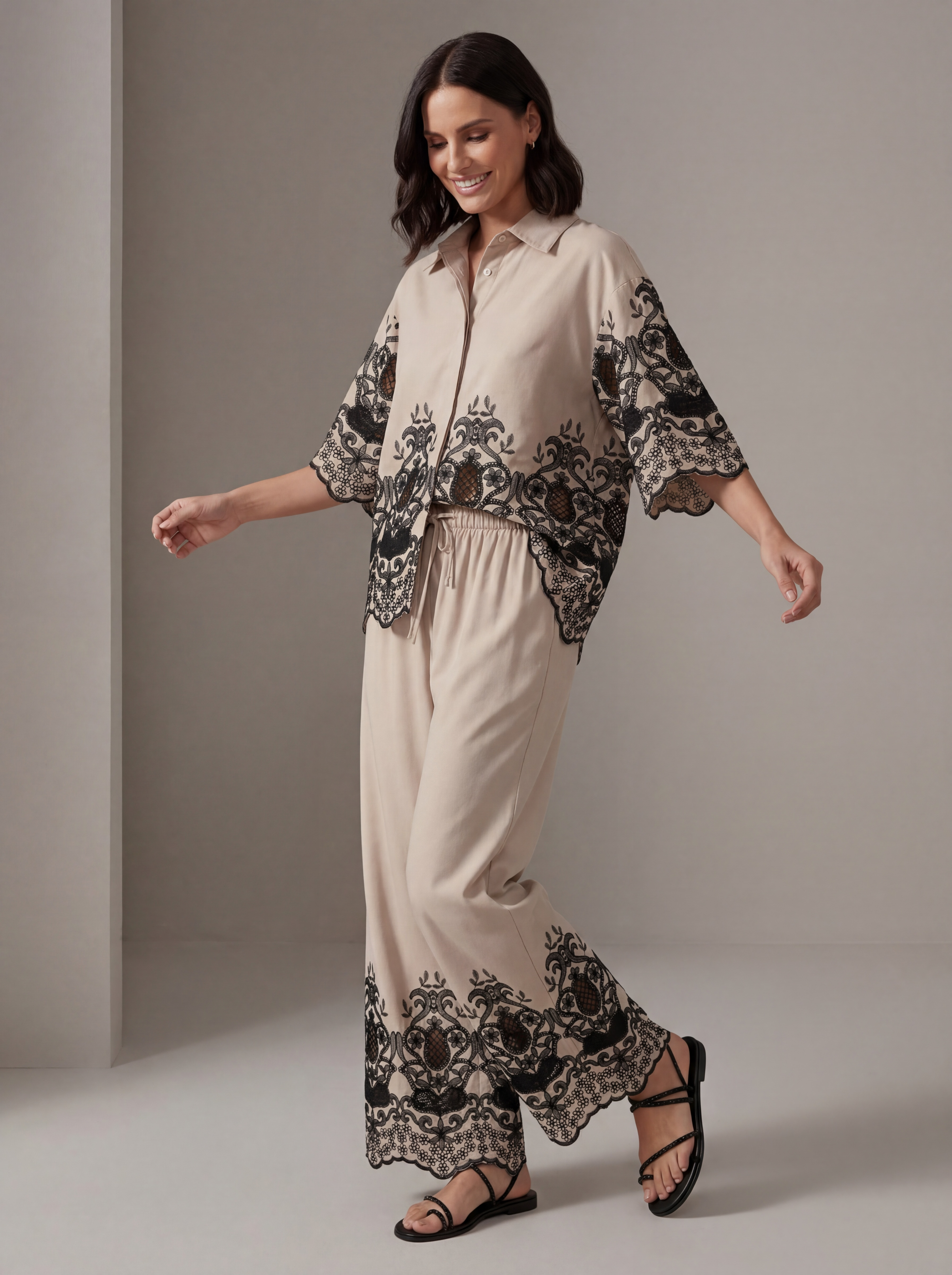 CAMICIA LACE BORDER NUDE & BLACK