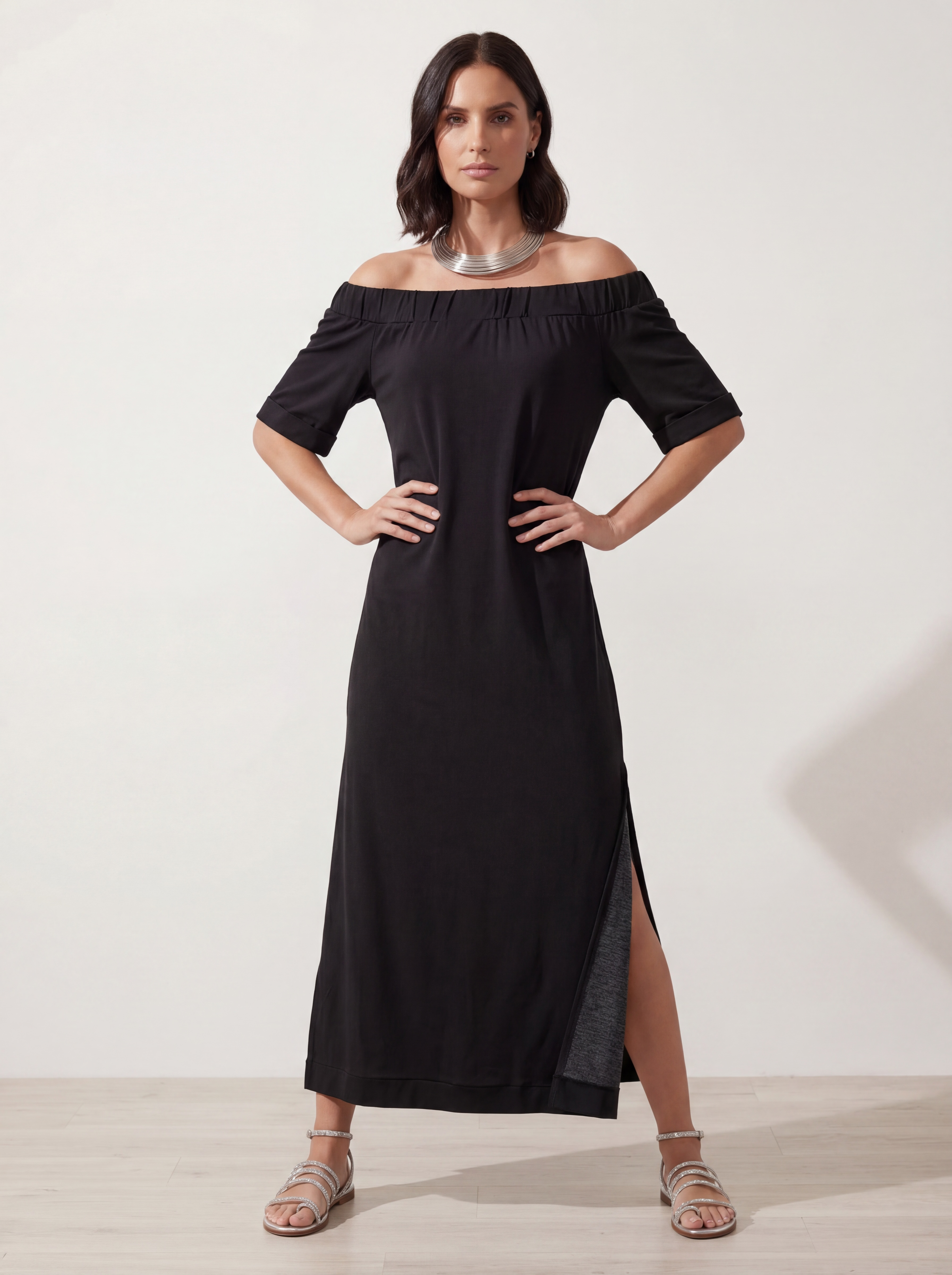 ABITO OFF SHOULDER BLACK FLUID