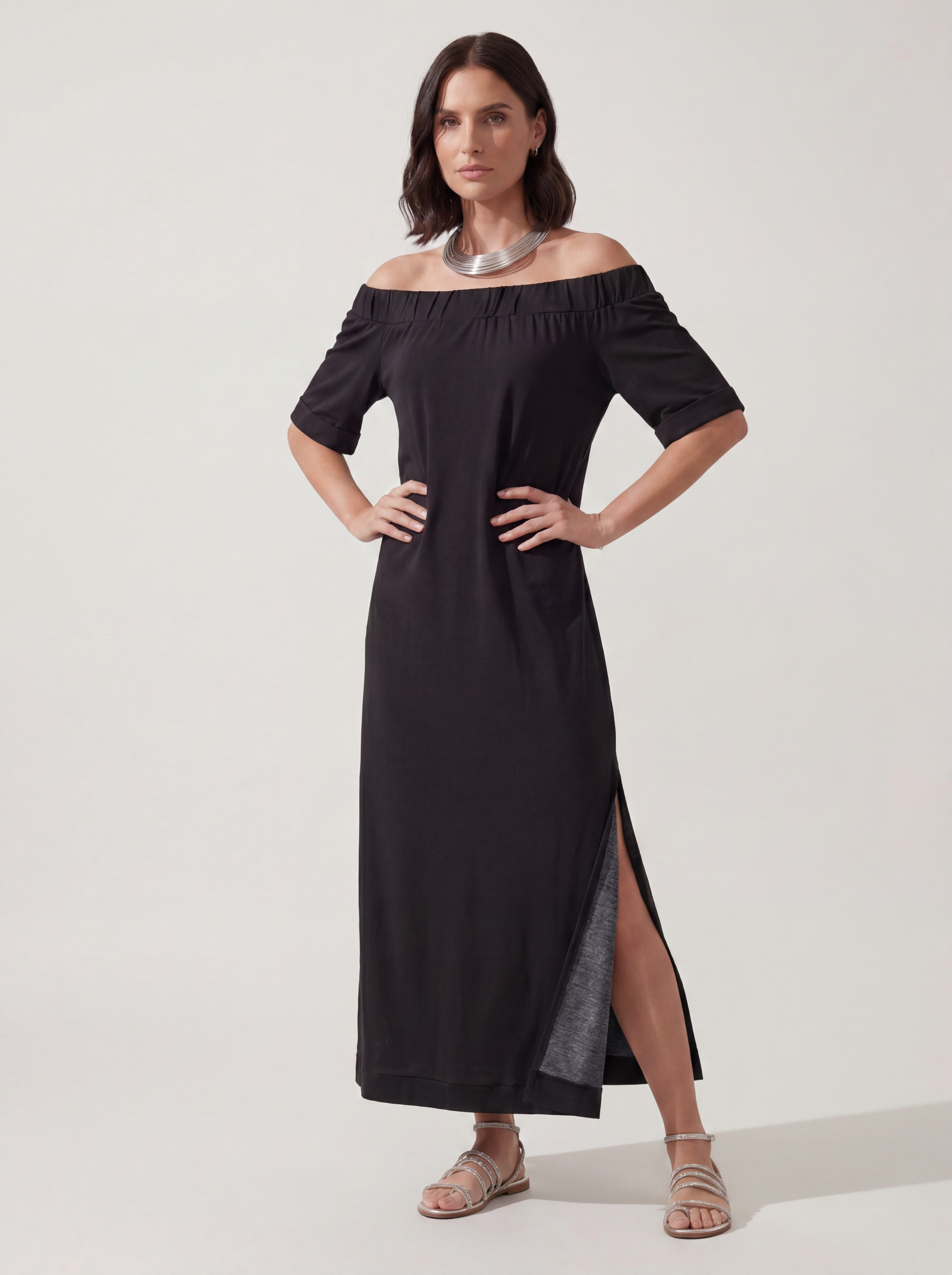 ABITO OFF SHOULDER BLACK FLUID